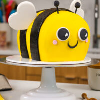 image of an adorable bumblebee cake made with black cocoa and honey buttercream