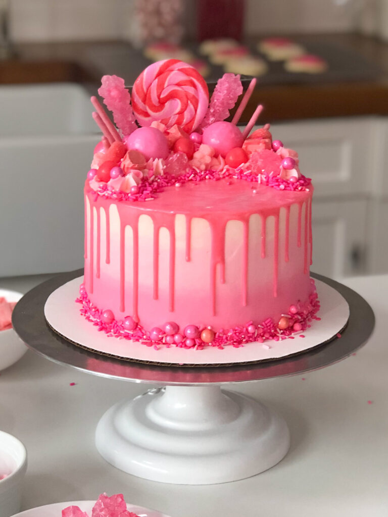 image of a pink drip cake decorated with candy