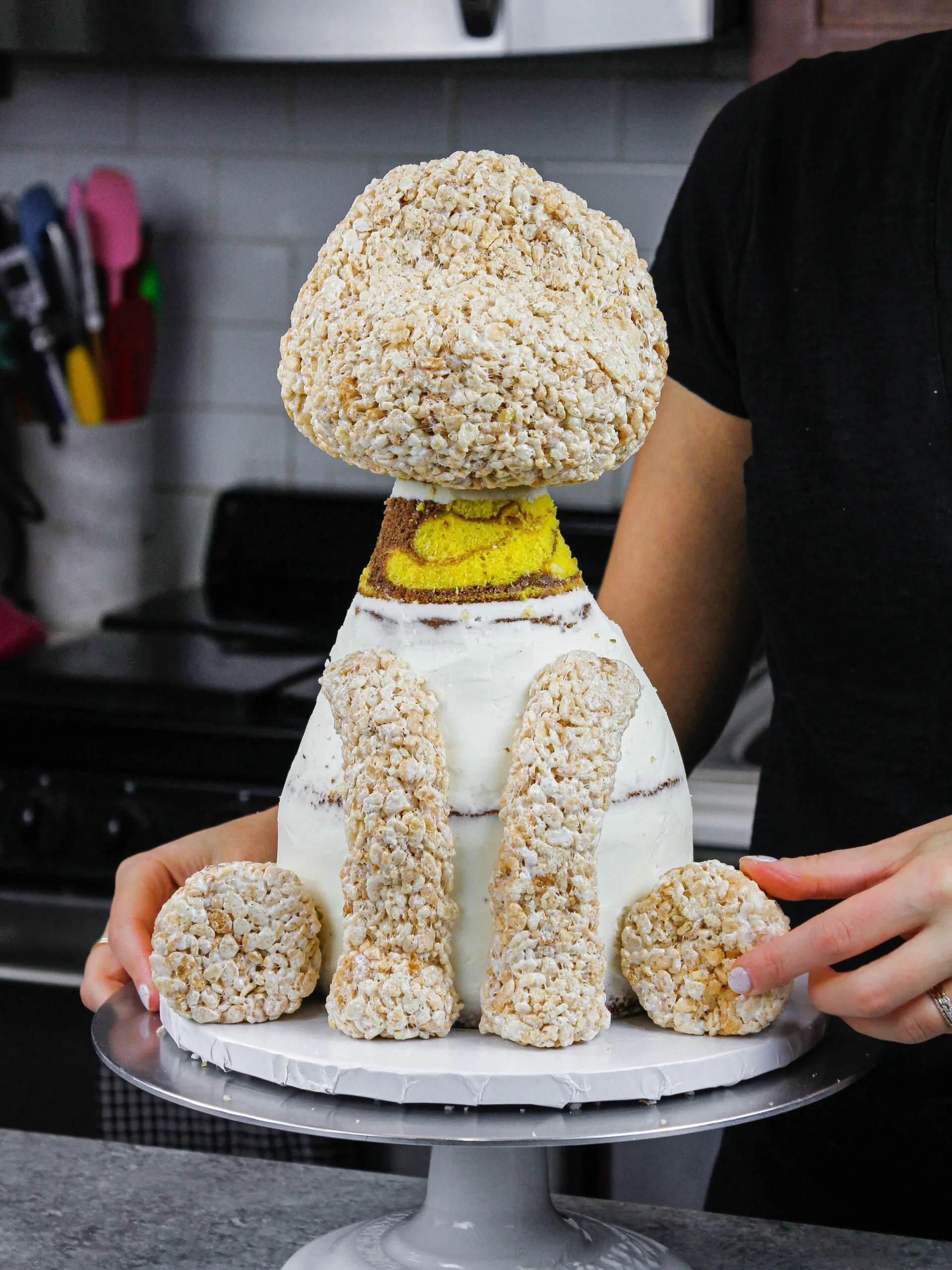 image of a giraffe cake being made with marble cake layers and cake decorating rice krispies