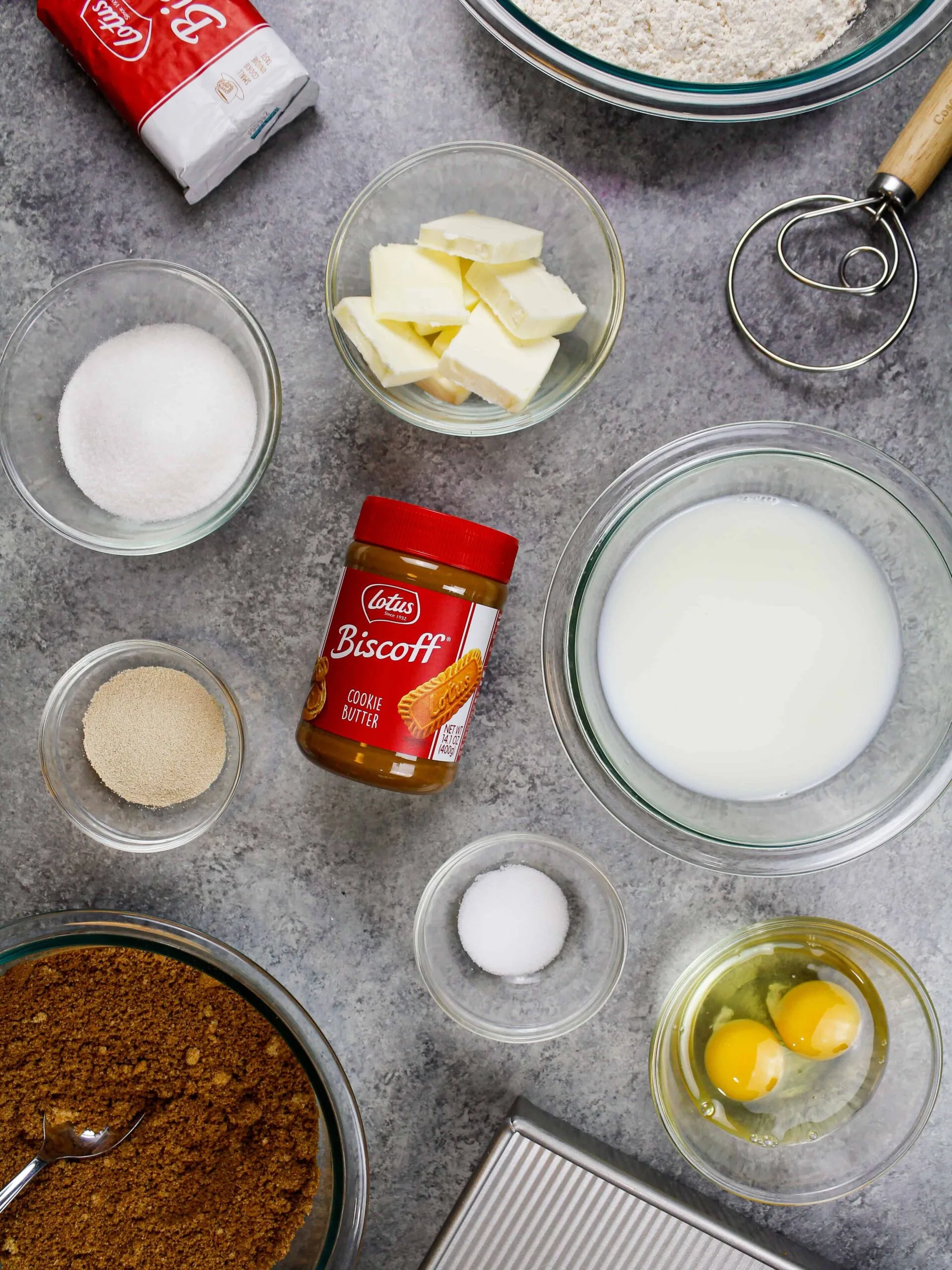 image of ingredients laid out on a counter to make biscoff cinnamon rolls