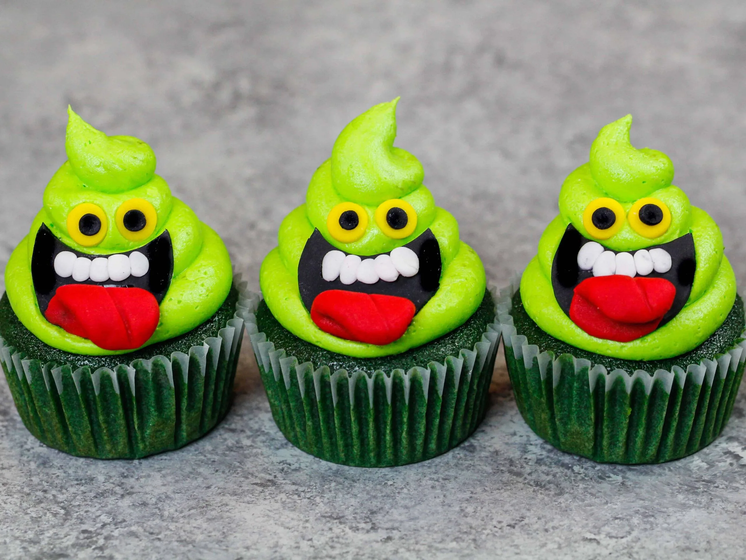 image of slimer cupcakes on counter