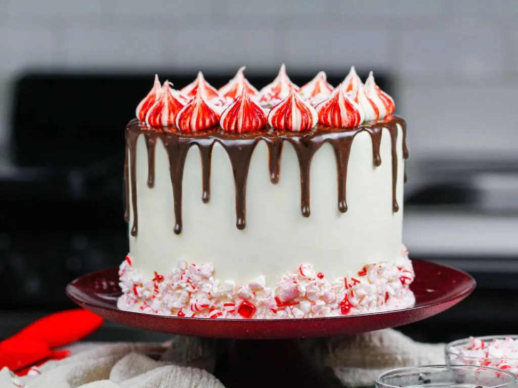 image of a peppermint mocha cake decorated with crushed peppermint and a mocha chocolate drip