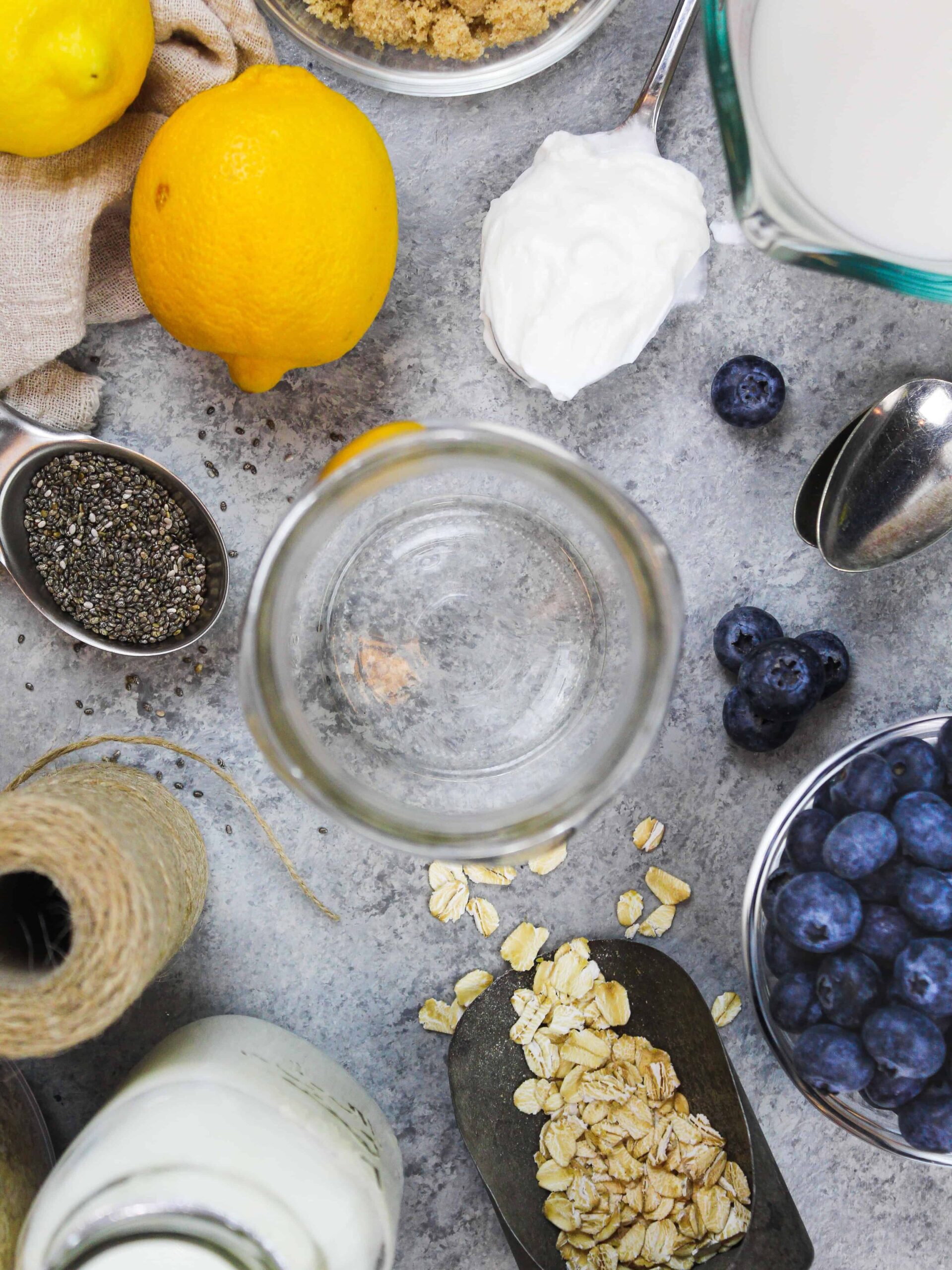 image of ingredients laid out to make lemon blueberry overnight oats