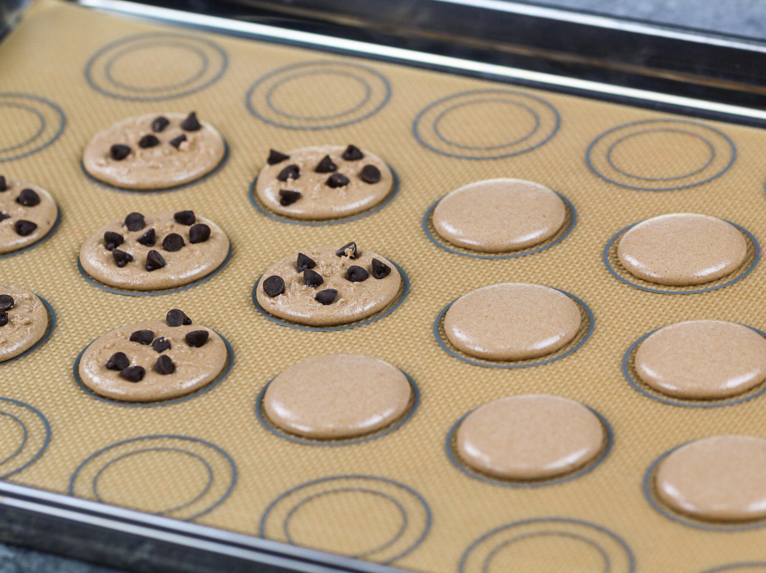 image of cookie dough macaron shells topped with mini chocolate chips to make them look like little cookies