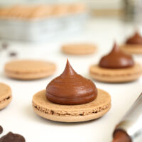 image of a french chocolate macaron being filled with a semi sweet chocolate ganache filling for macarons
