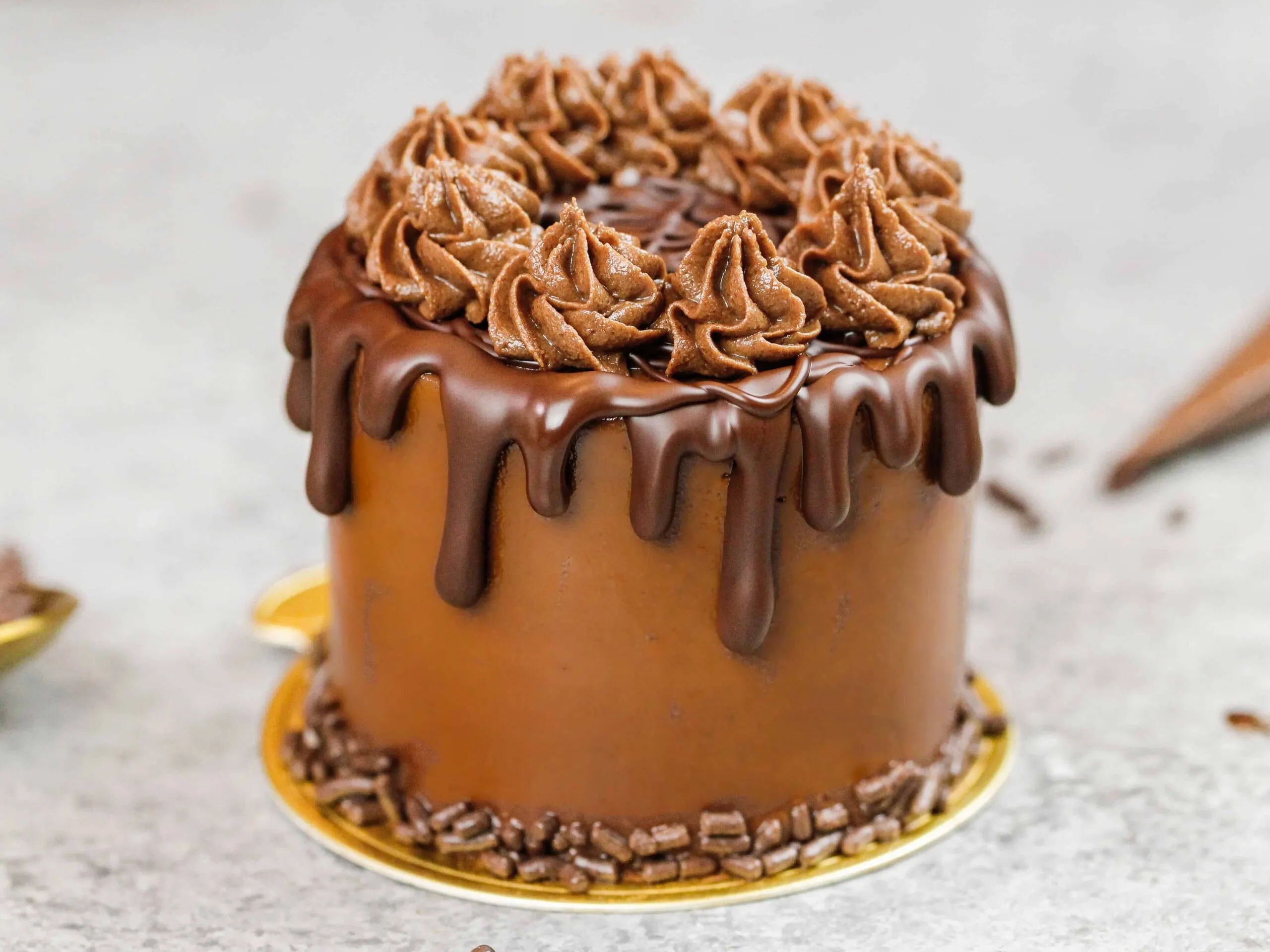image of a mini chocolate cake made with 3-inch cake layers