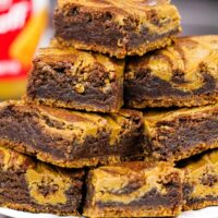 image of biscoff brownies stacked on a plate