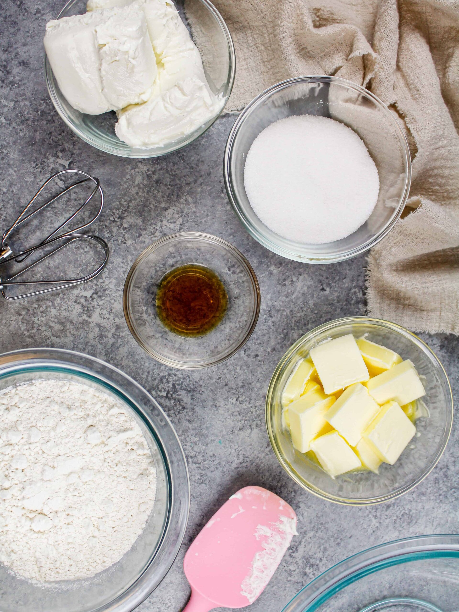image of ingredients laid out on a counter to make cream cheese shortbread cookies