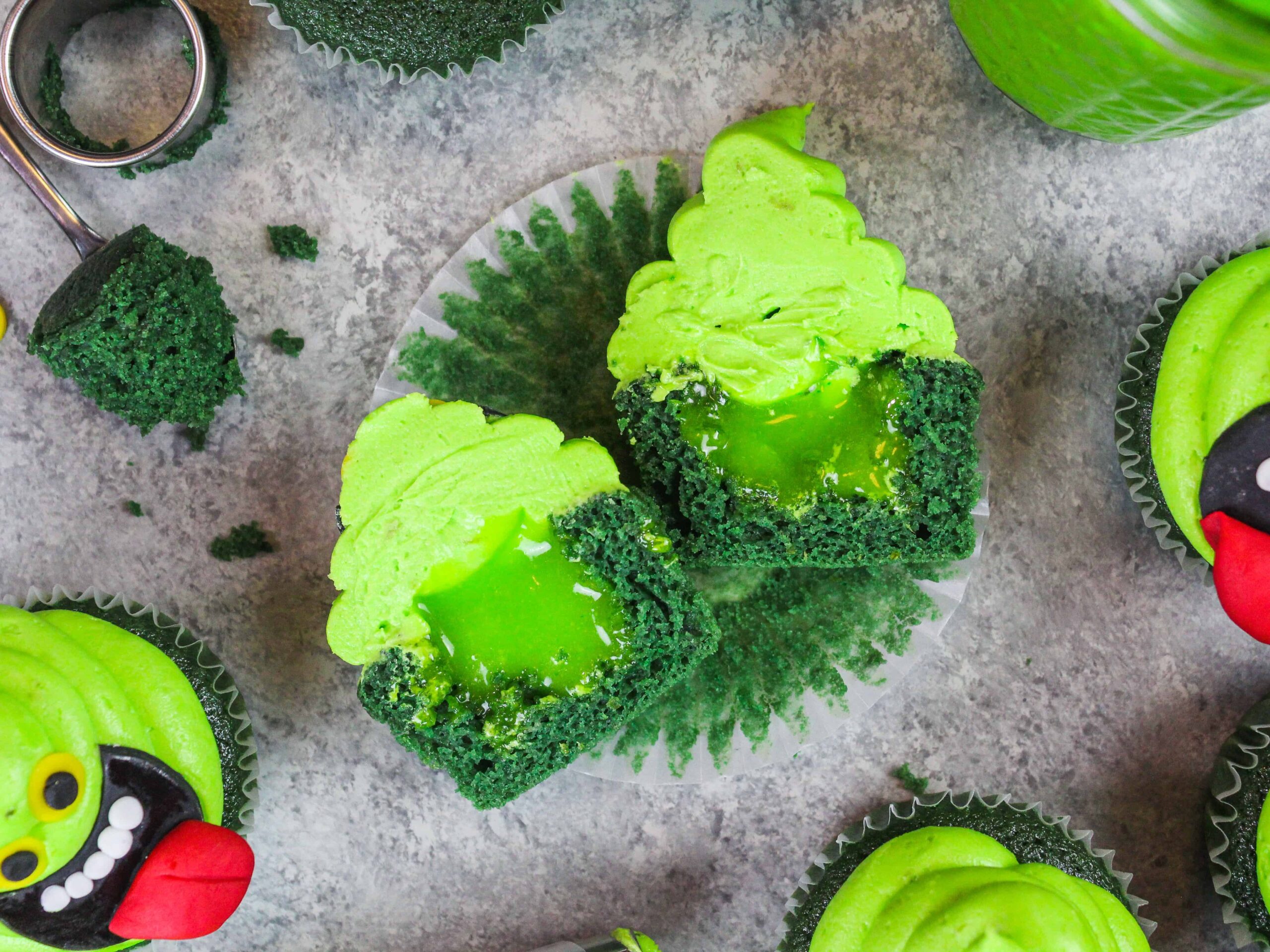 image of ghostbuster cupcakes filled with lime curd to look like ectoplasm