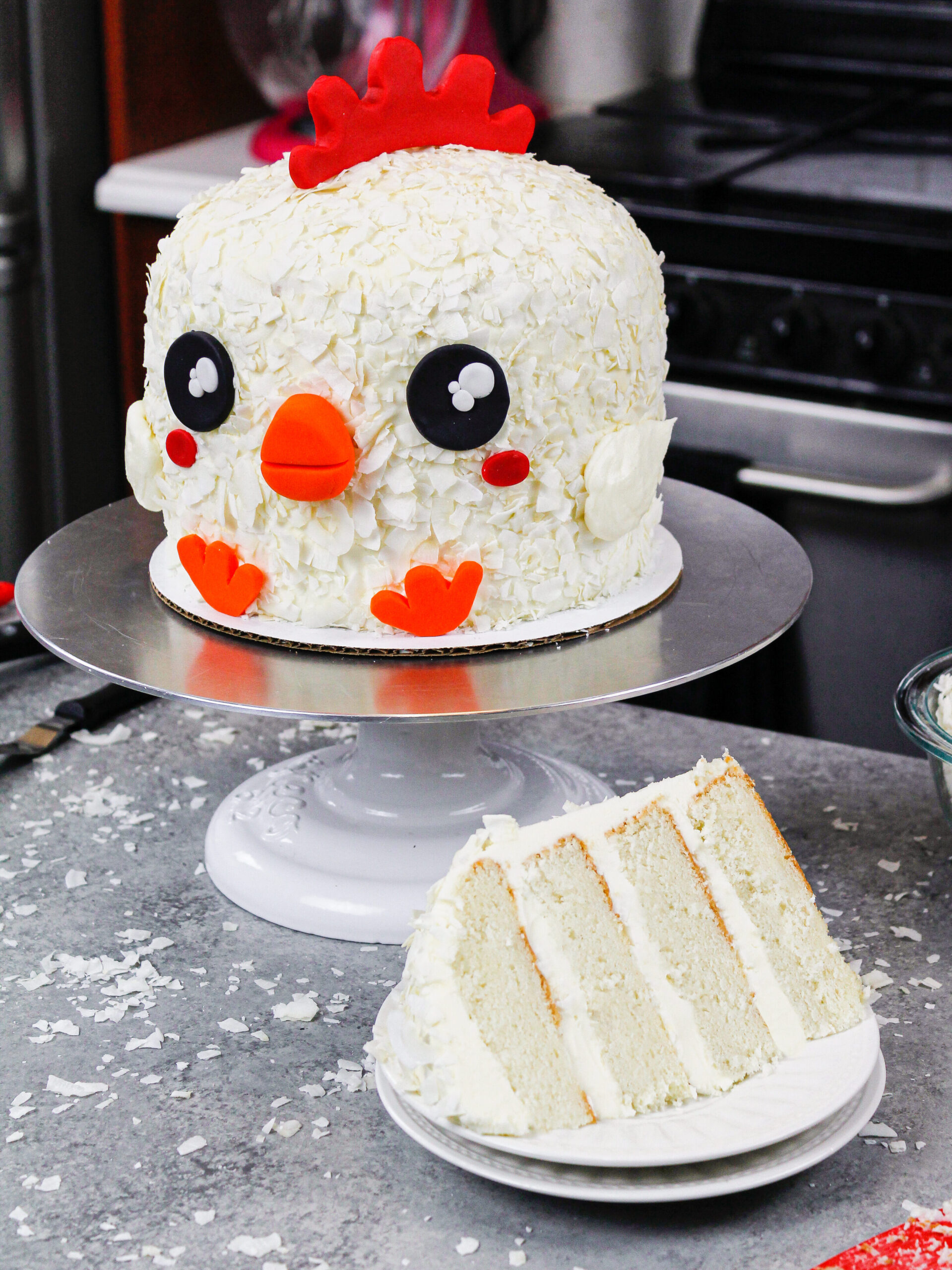 image of a chicken cake that's been sliced into to show it's fluffy cake layers