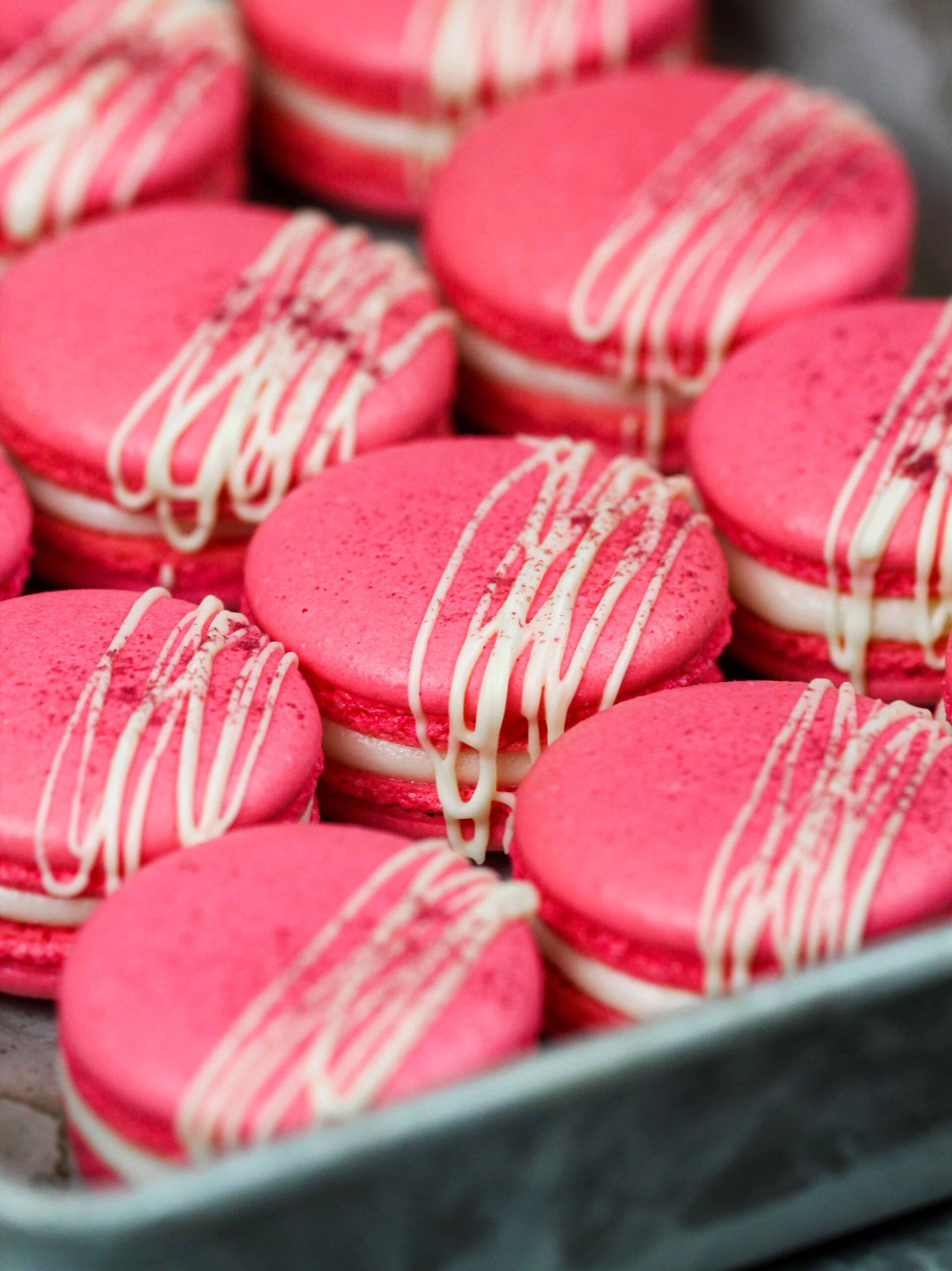 image of raspberry french macarons drizzled with white chocolate and dusted with raspberry powder