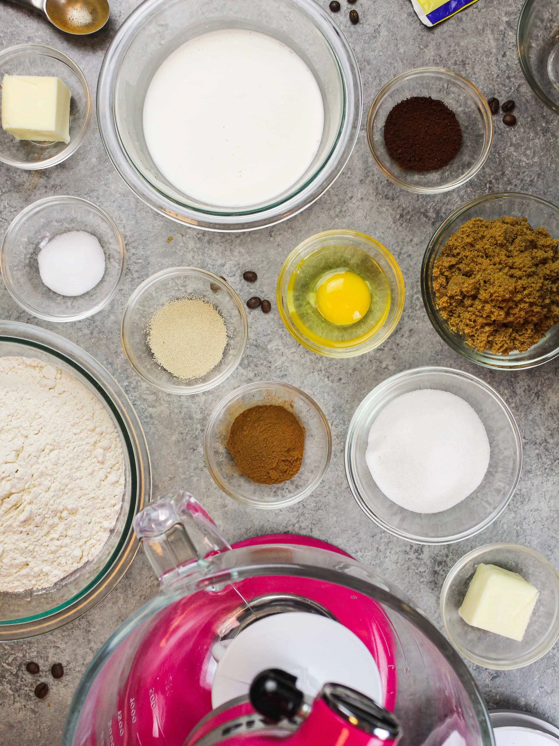 image of ingredients laid out on a counter ready to make coffee cinnamon rolls
