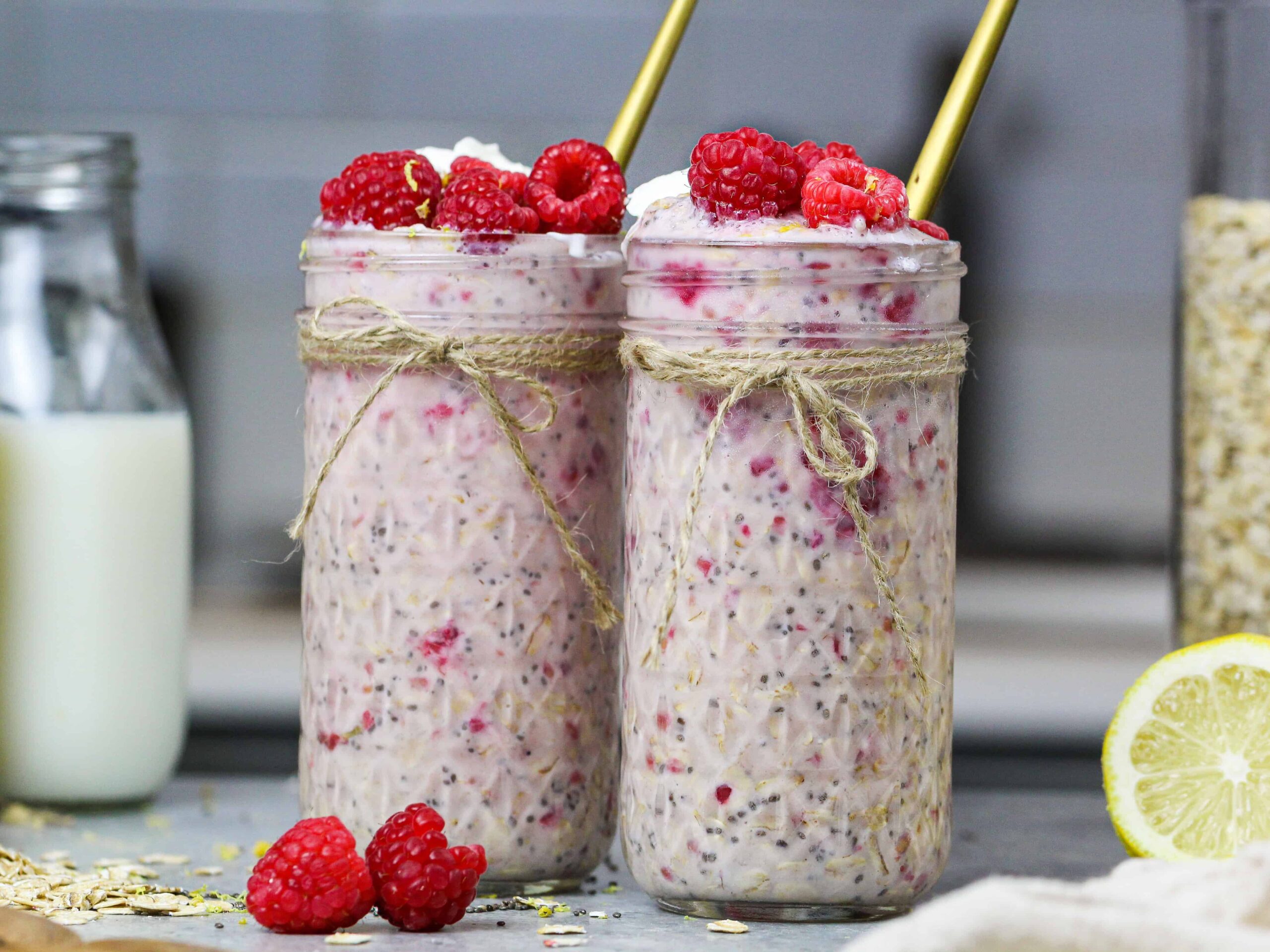 image of raspberry overnight oats that have been made in advance and are ready to be eaten the next day
