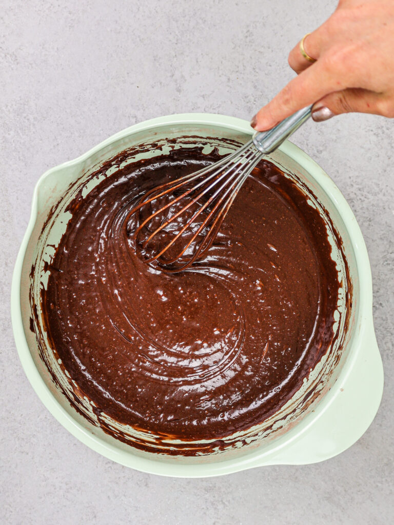 image of moist chocolate cupcake batter being mixer together