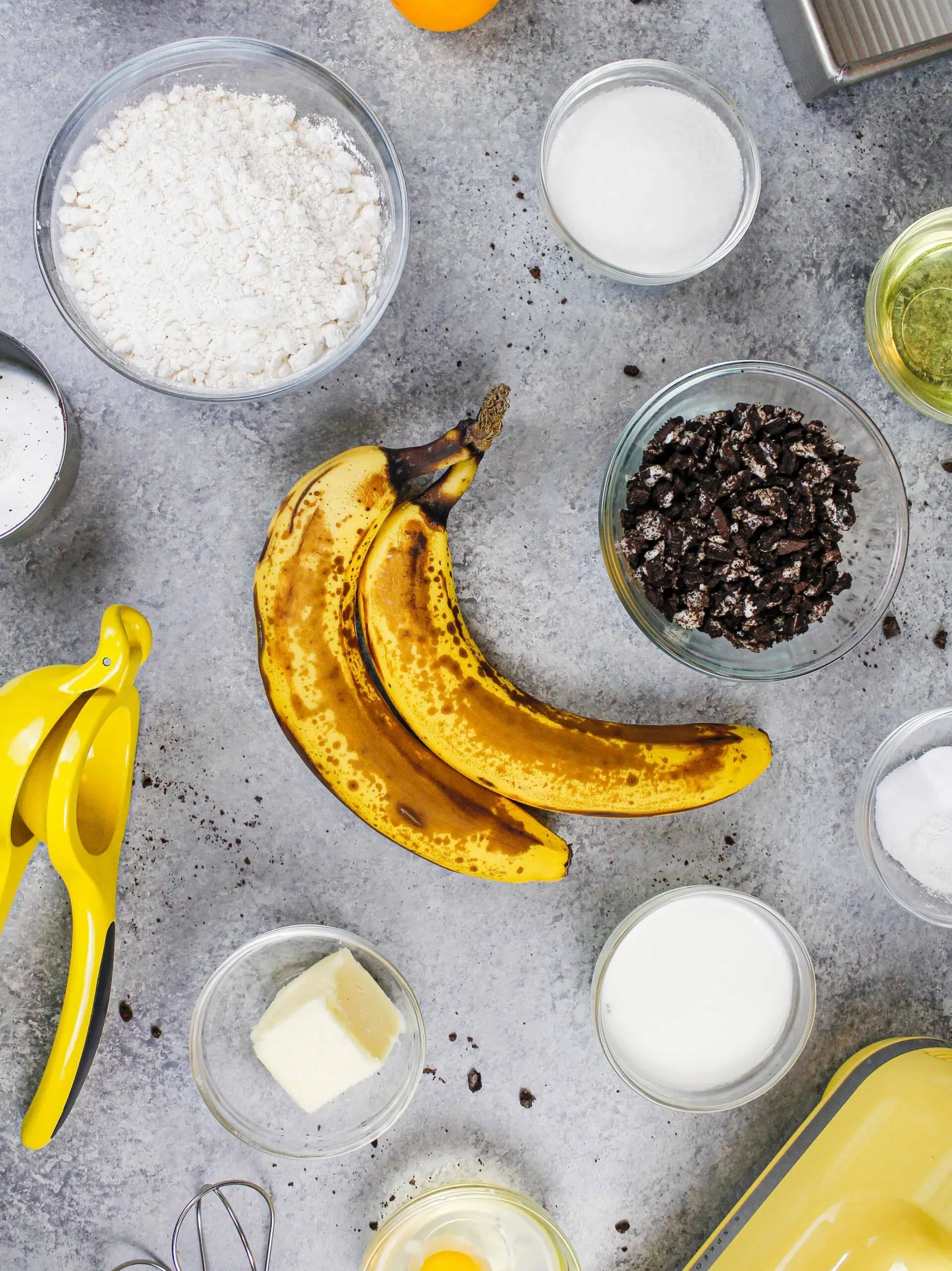 ingredients laid out to make oreo banana bread
