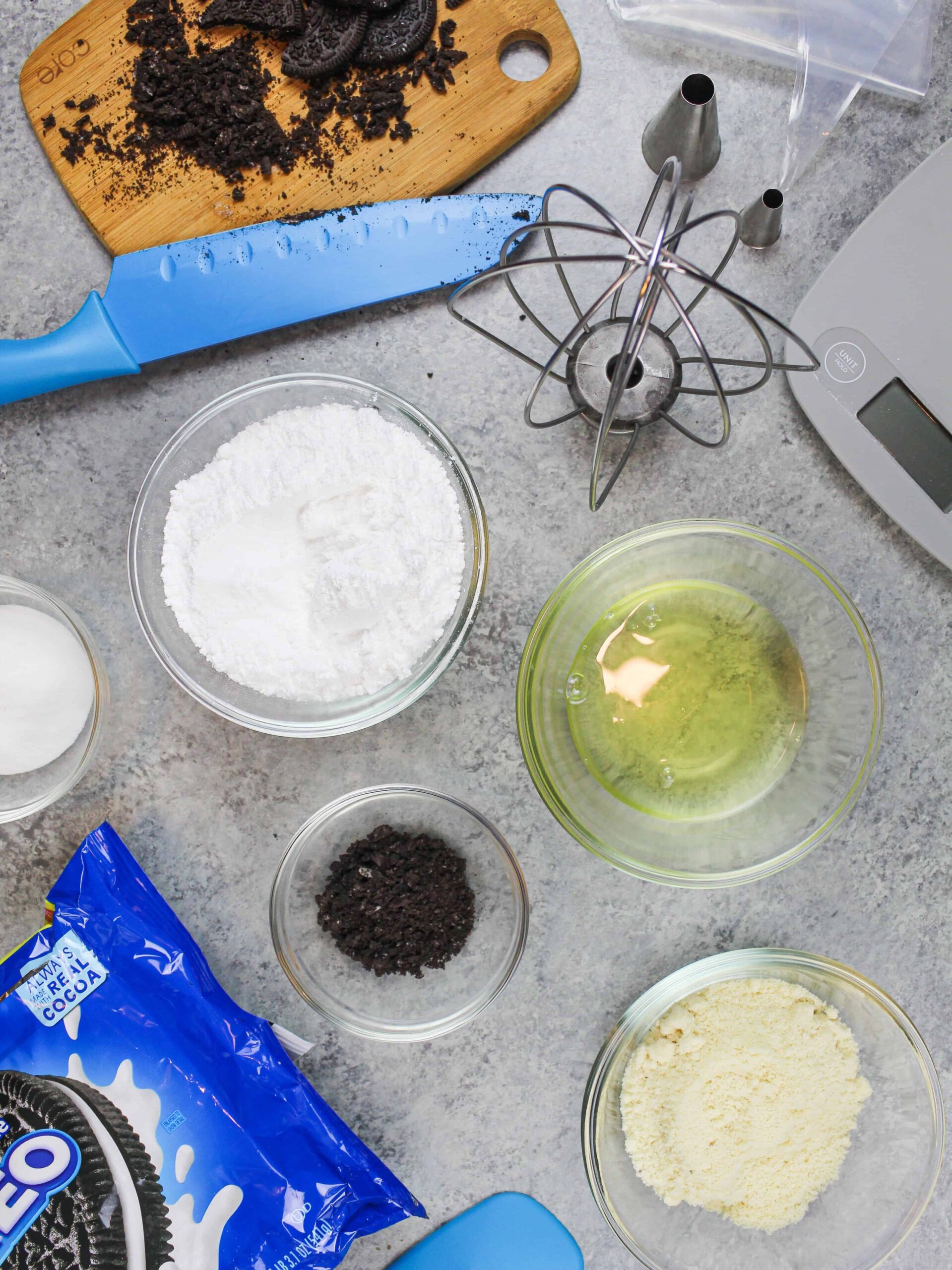 image of ingredients laid out to make oreo cookies and cream macarons