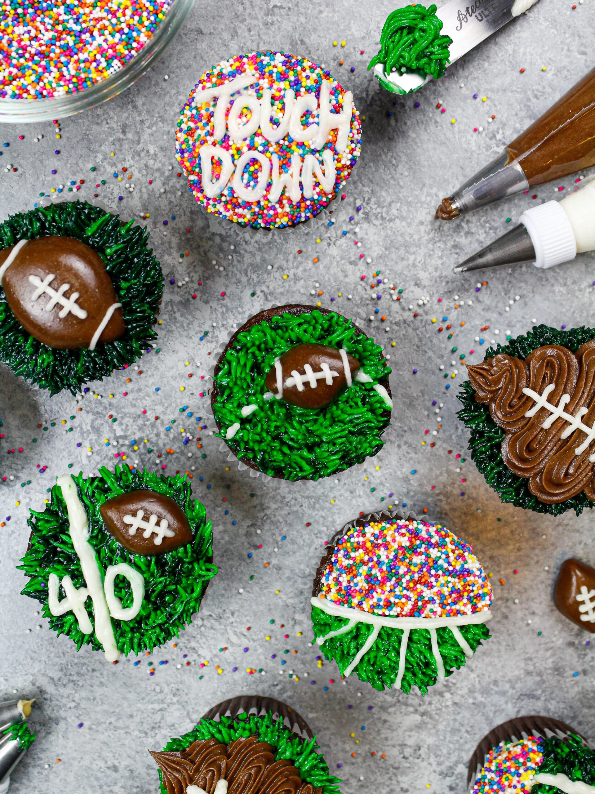 image of football cupcakes decorated with buttercream for the superbowl
