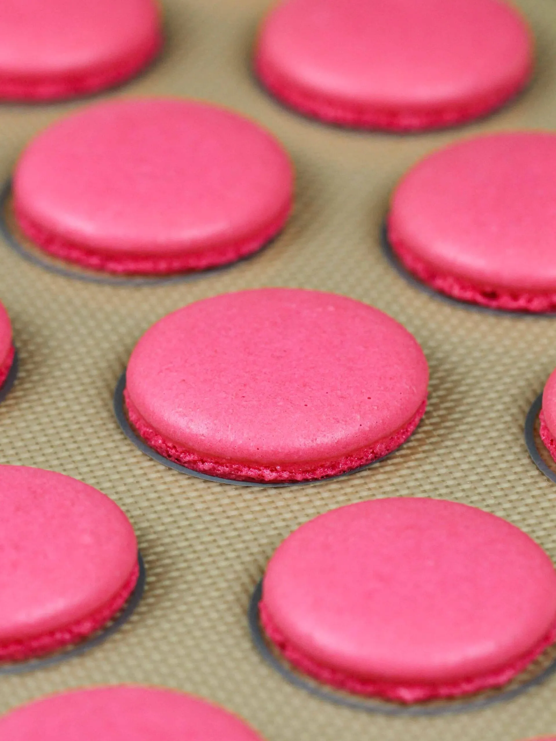 image of pink macaron shells that have been baked with perfect feet to make raspberry macarons