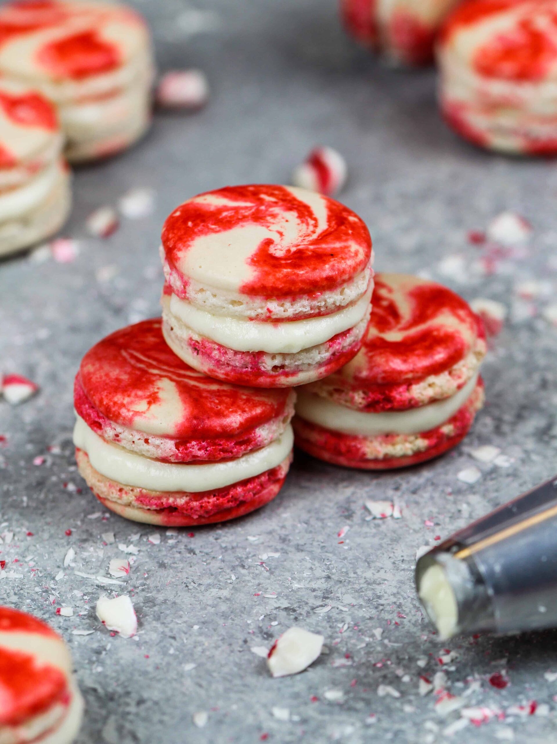 image of french peppermint macarons stacked in a little pyramid