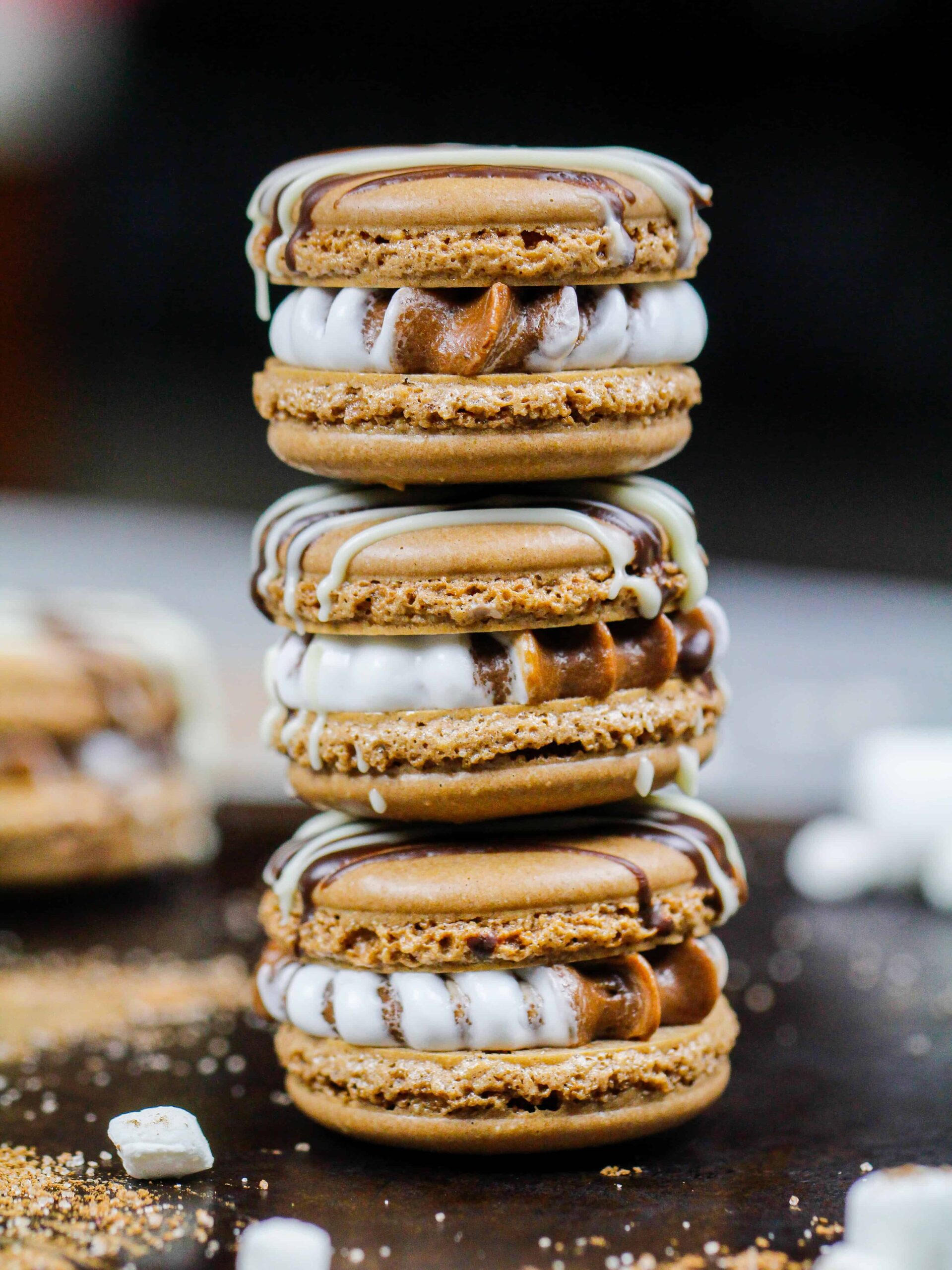 image of hot cocoa macarons filled with chocolate and marshmallow buttercream