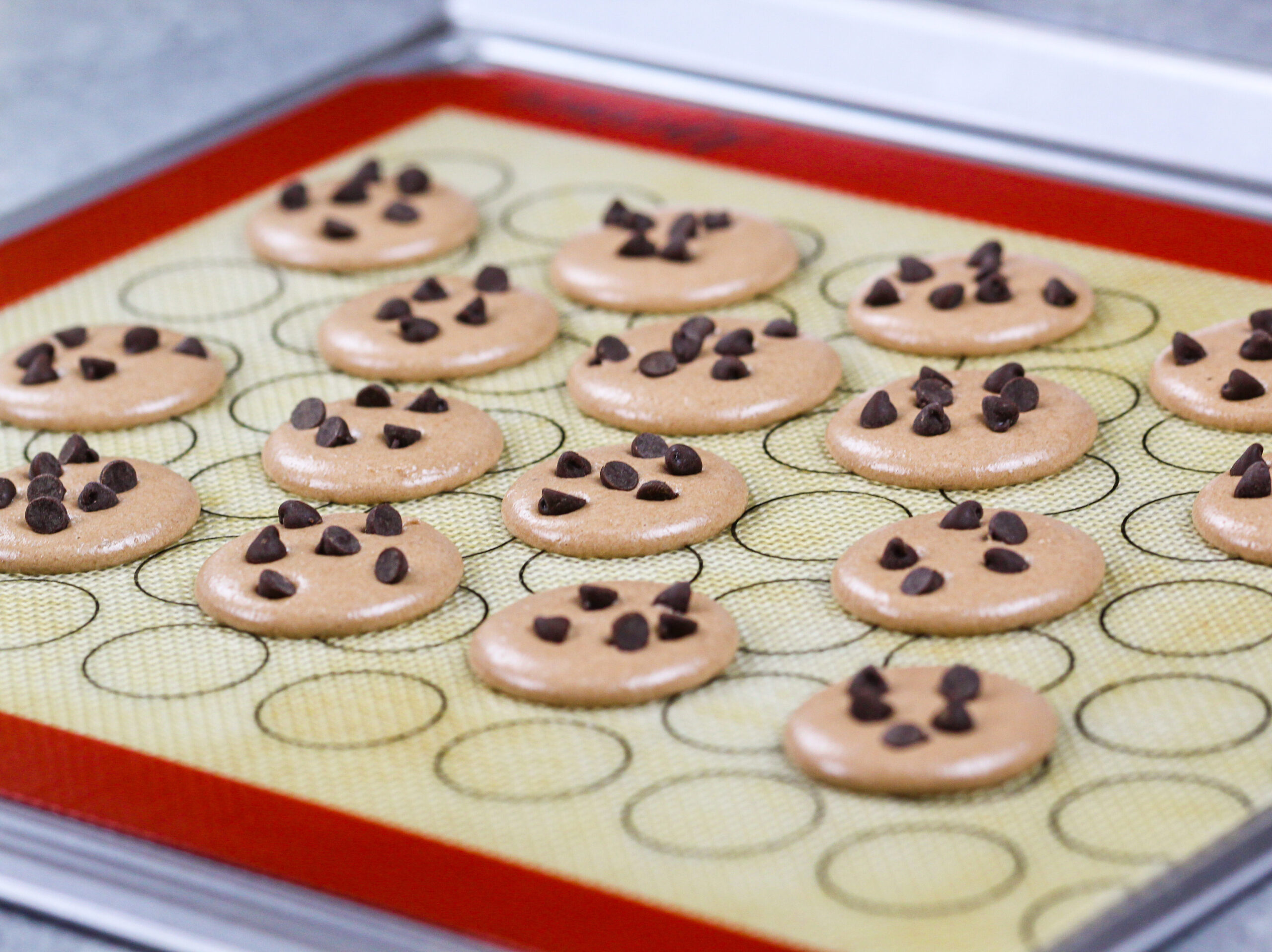 image of cookie dough macaron shells topped with mini chocolate chips to make them look like little cookies and are resting to develop a skin before being baked