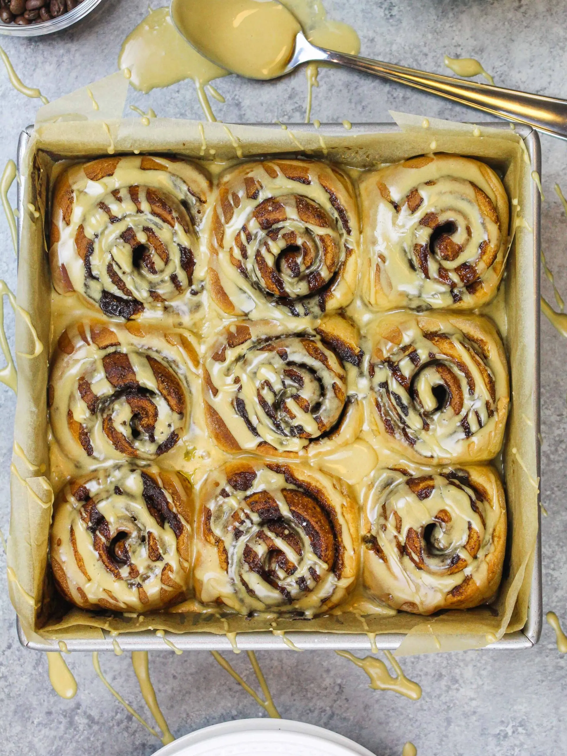 image of espresso cinnamon rolls glazed and ready to be served