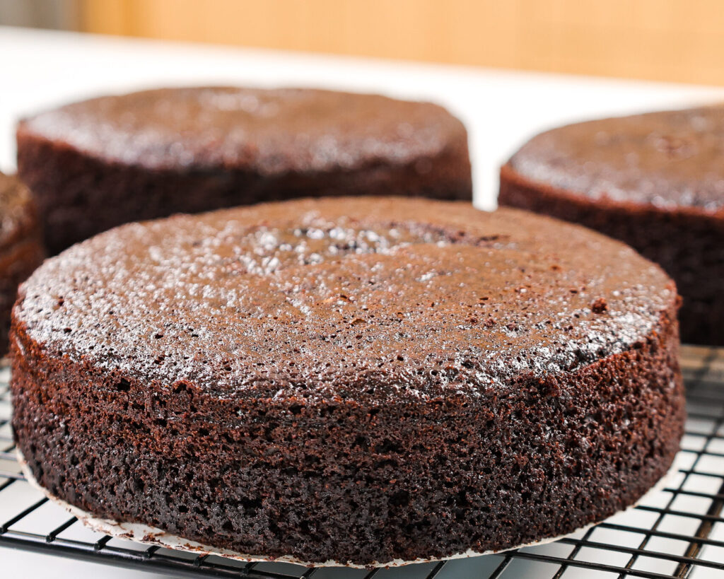 image of moist, 6-inch dark chocolate cake layers that are cooling on a wire rack