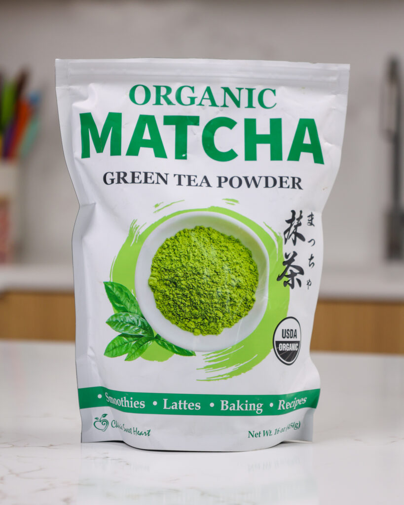 image of matcha powder in a bag on a counter