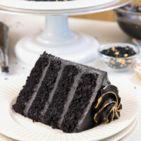 image of a slice of black velvet cake on a plate