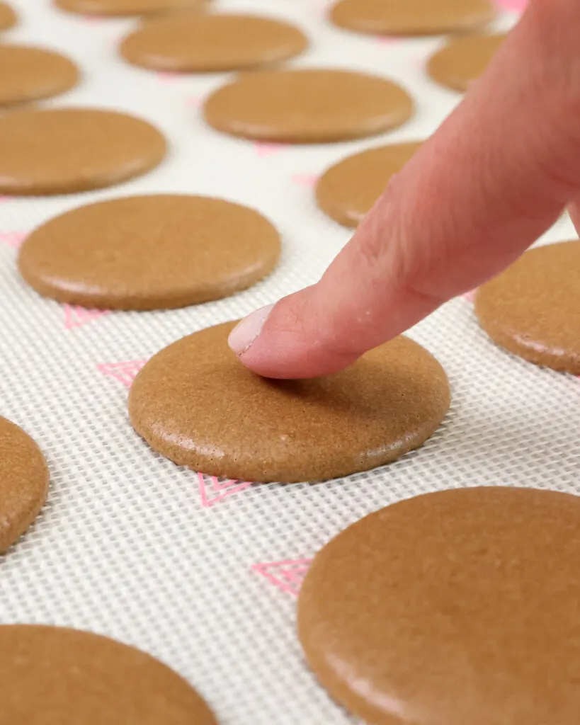 image of chocolate macaron shells that have rested and formed a skin and are now ready to be baked
