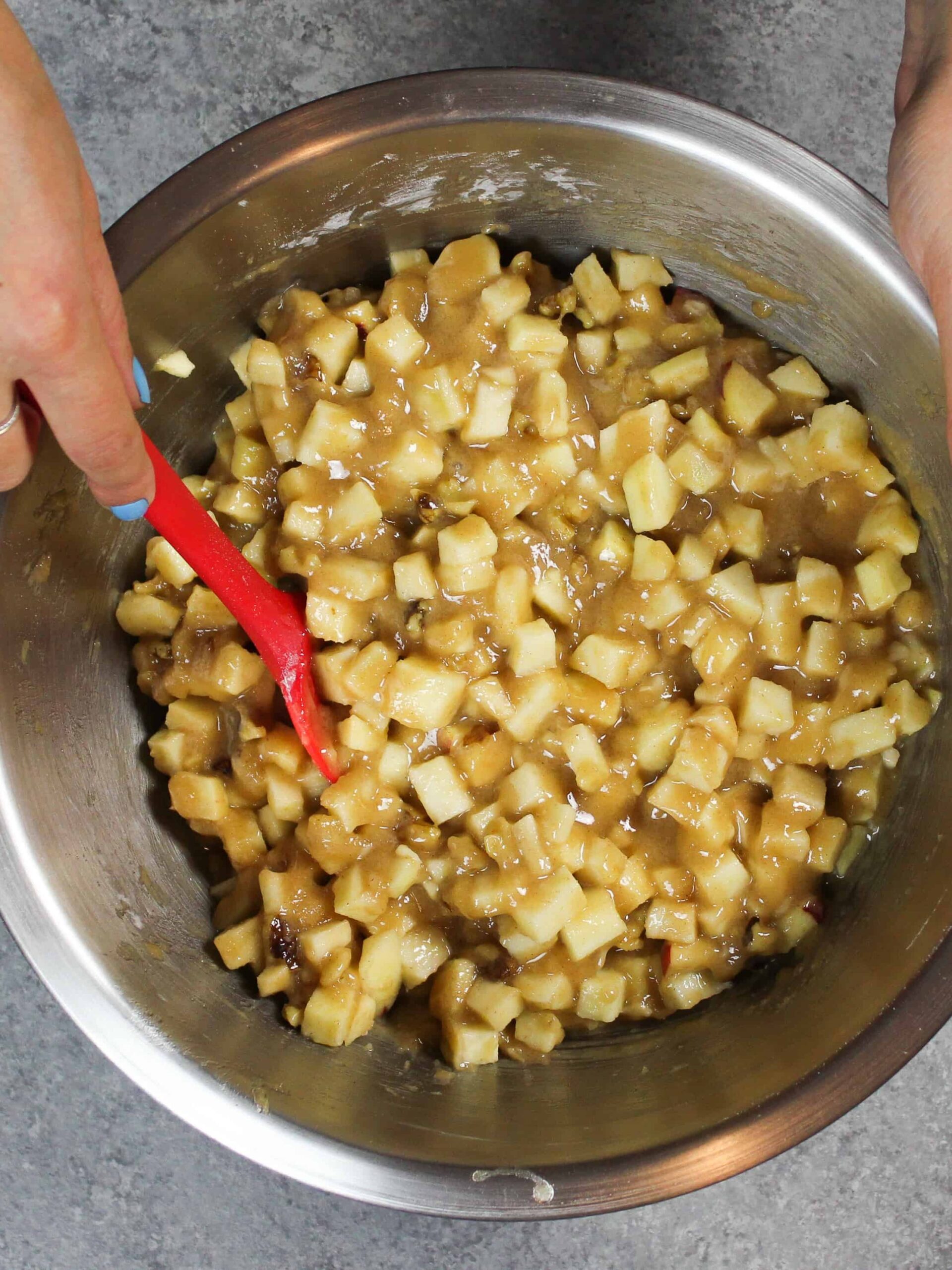 image of odld fashioned apple cake batter, which is half apples in volume!