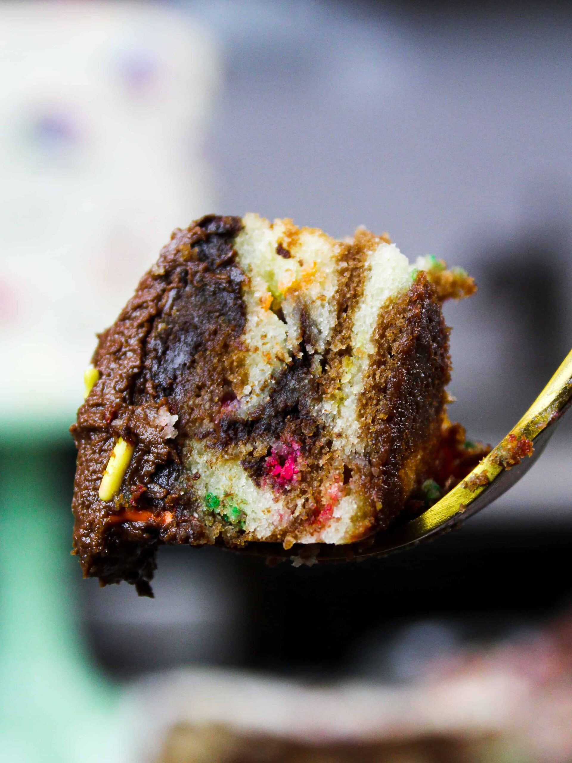 image of a bite of marble cake on a fork
