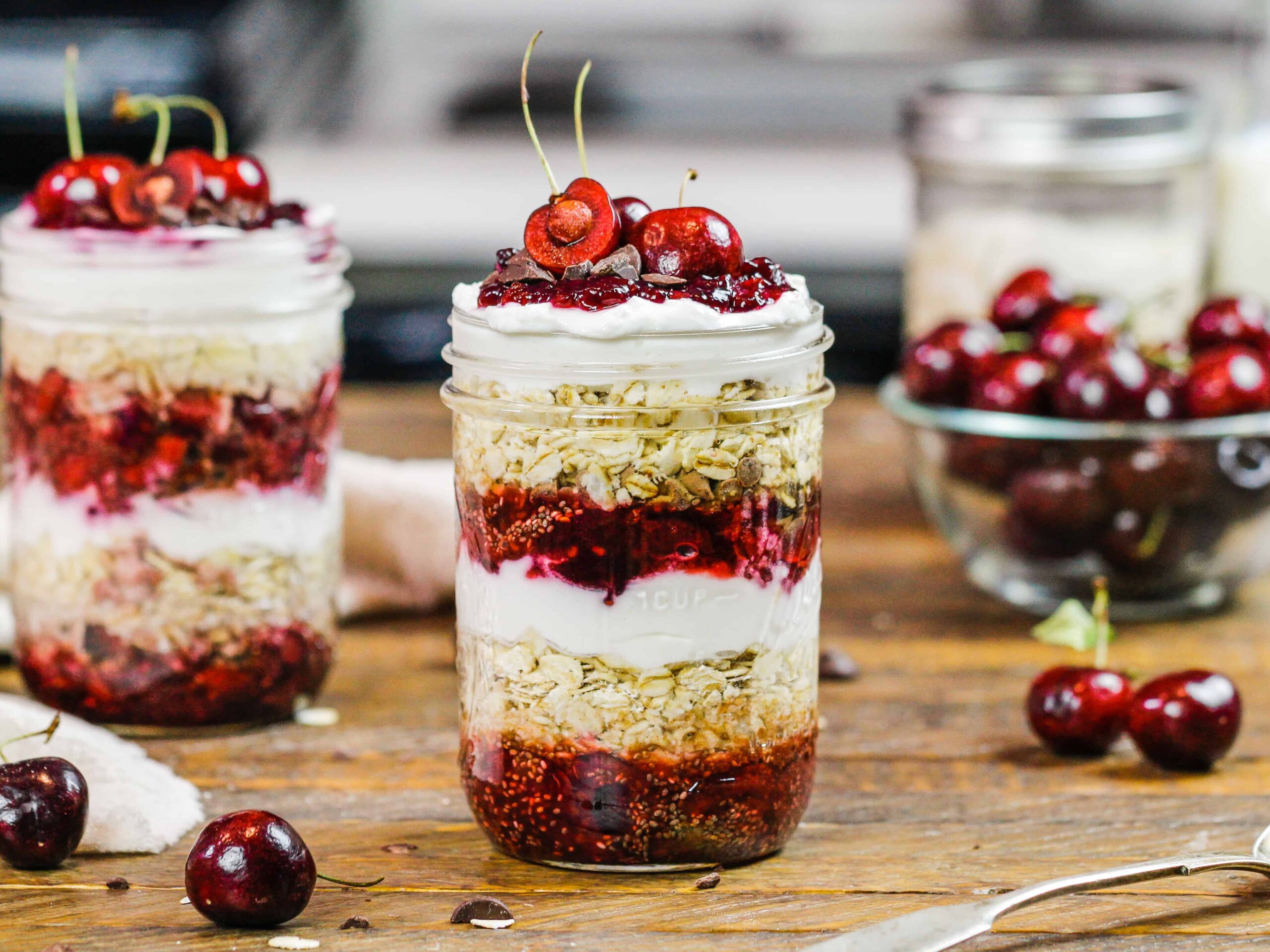 image of cherry overnight oats made with fresh cherries, chia seeds and greek yogurt