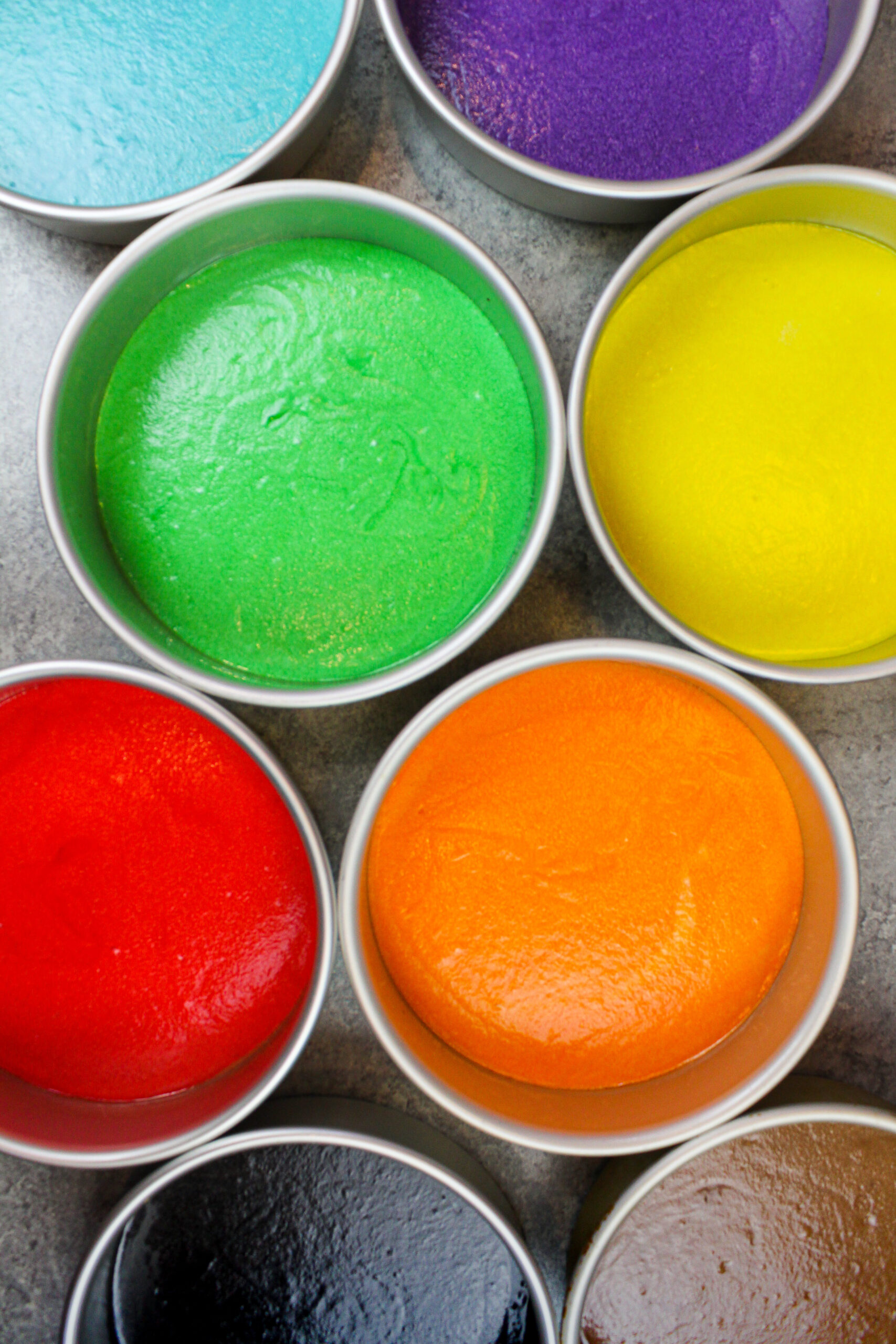 image of rainbow cake layers ready to be baked