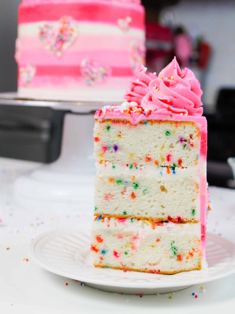 image of funfetti cake slice made from 6 inch cake layers