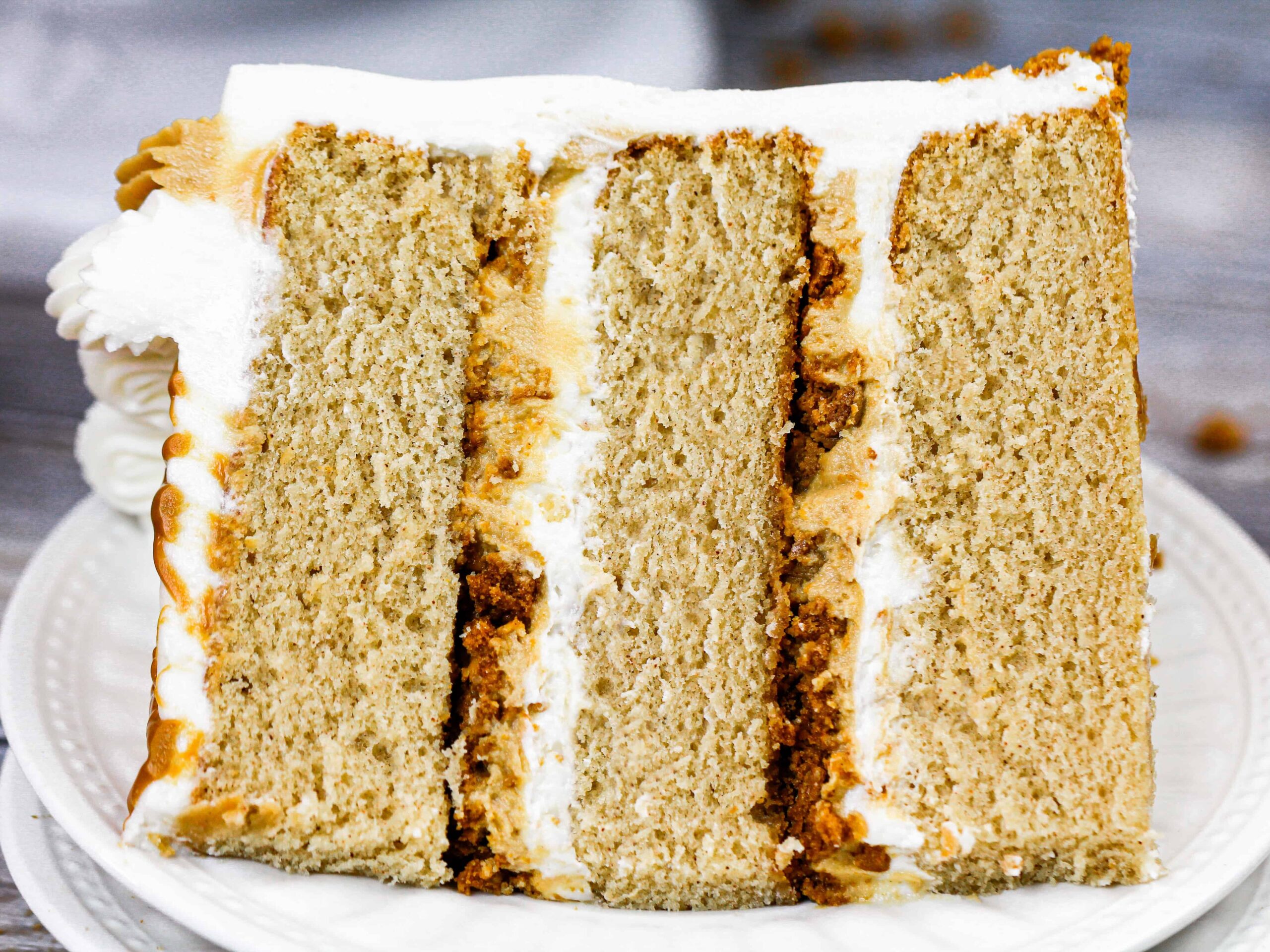 image of a slice of cookie butter cake