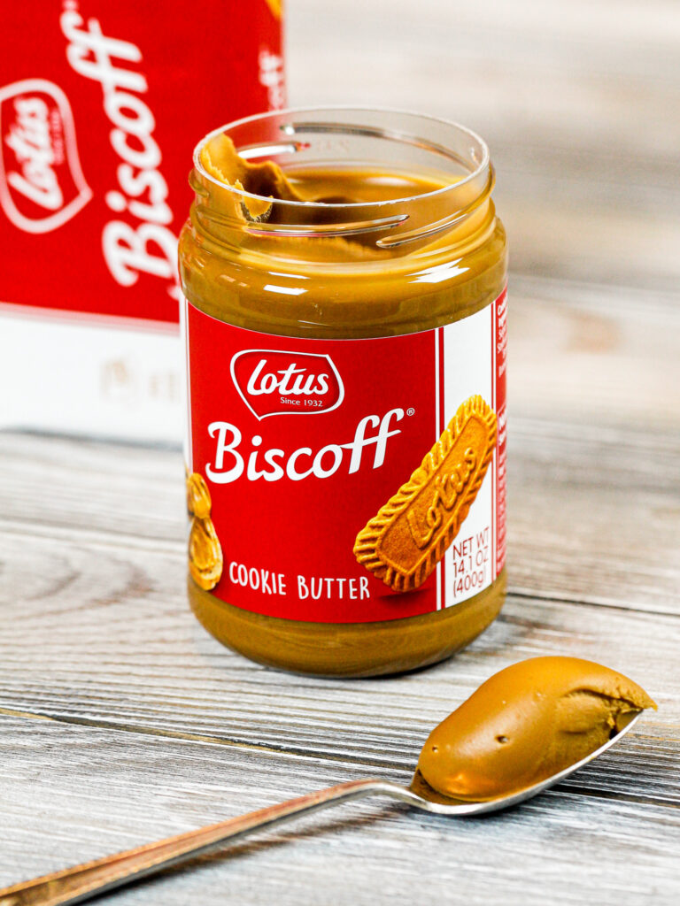 image of a jar of lotus biscoff cookie butter that's been opened