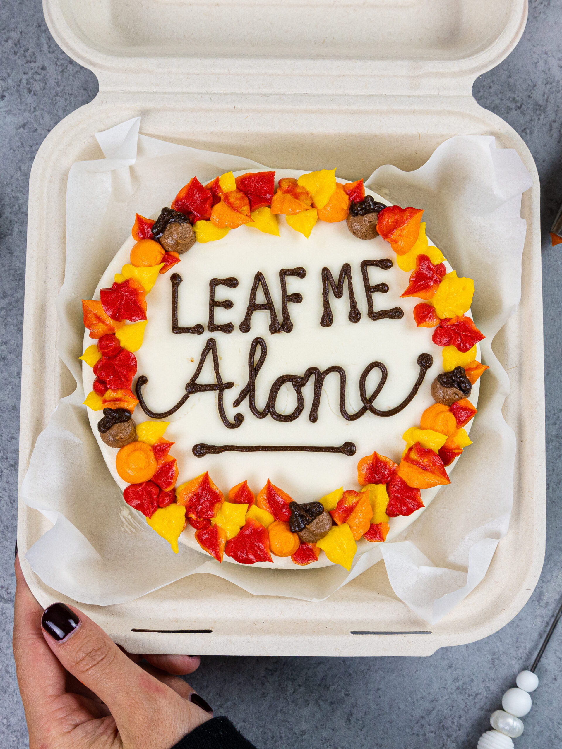 image of a cute bento lunch box cake decorated for Fall that says leaf me alone on top