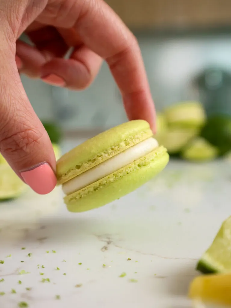 image of a lime macaron being held up in the air to show it's nice feet
