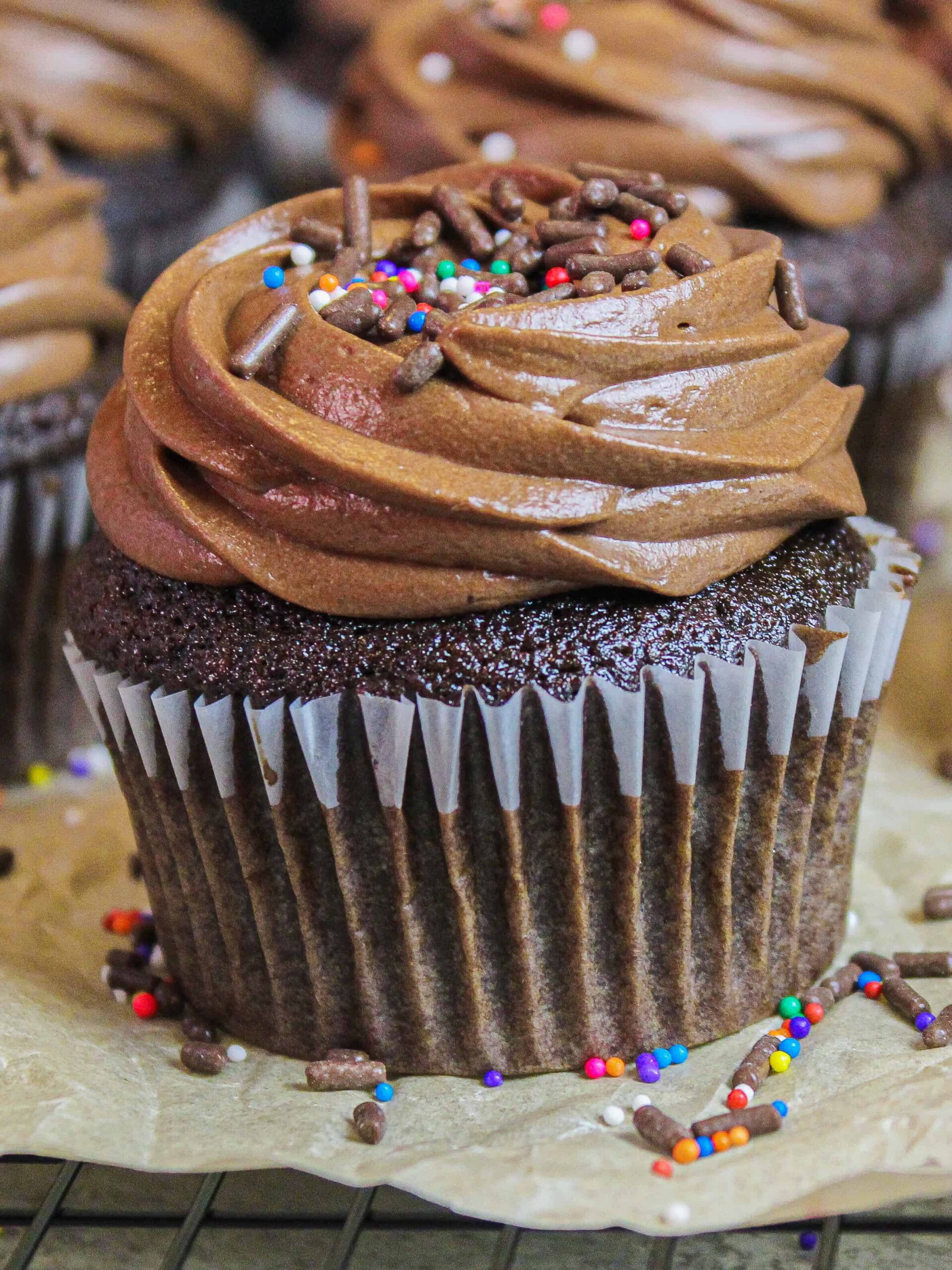 photo of chocolate cupcake frosted with chocolate russian buttercream frosting