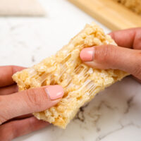 image of a gooey classic rice krispie treat being pulled apart