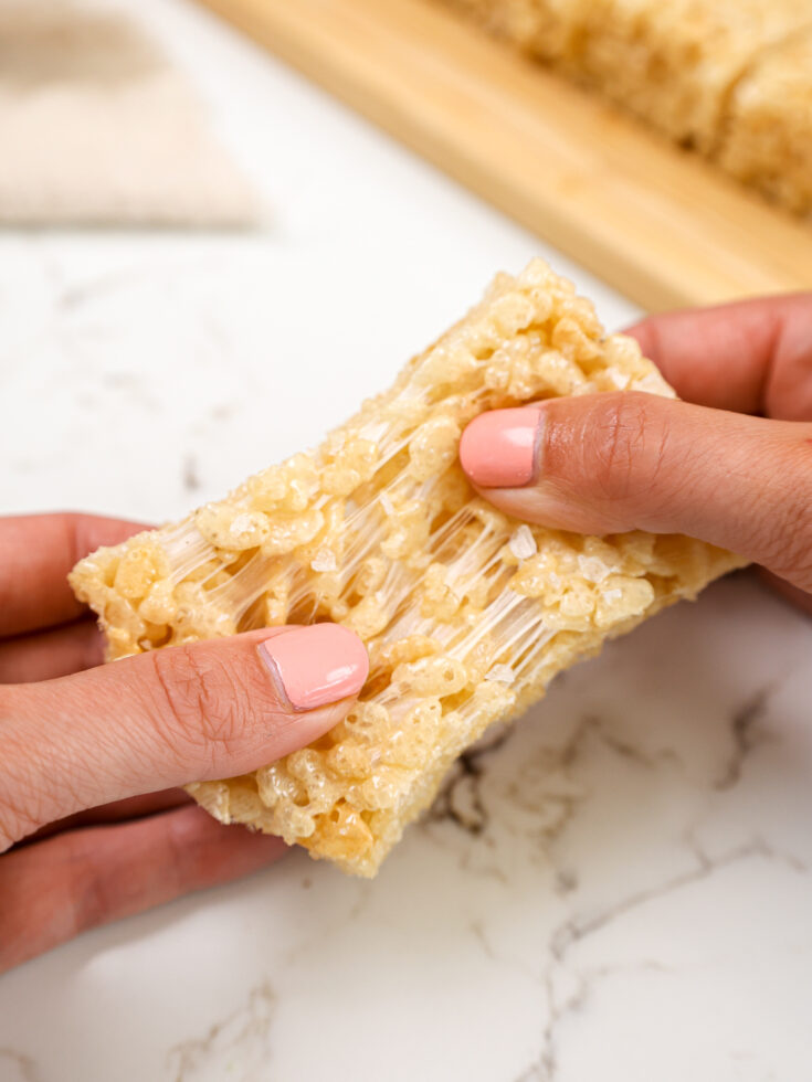 image of a gooey classic rice krispie treat being pulled apart