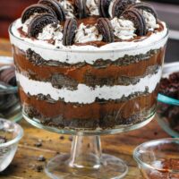 image of an oreo trifle made with dark chocolate cake bits and oreo whipped cream
