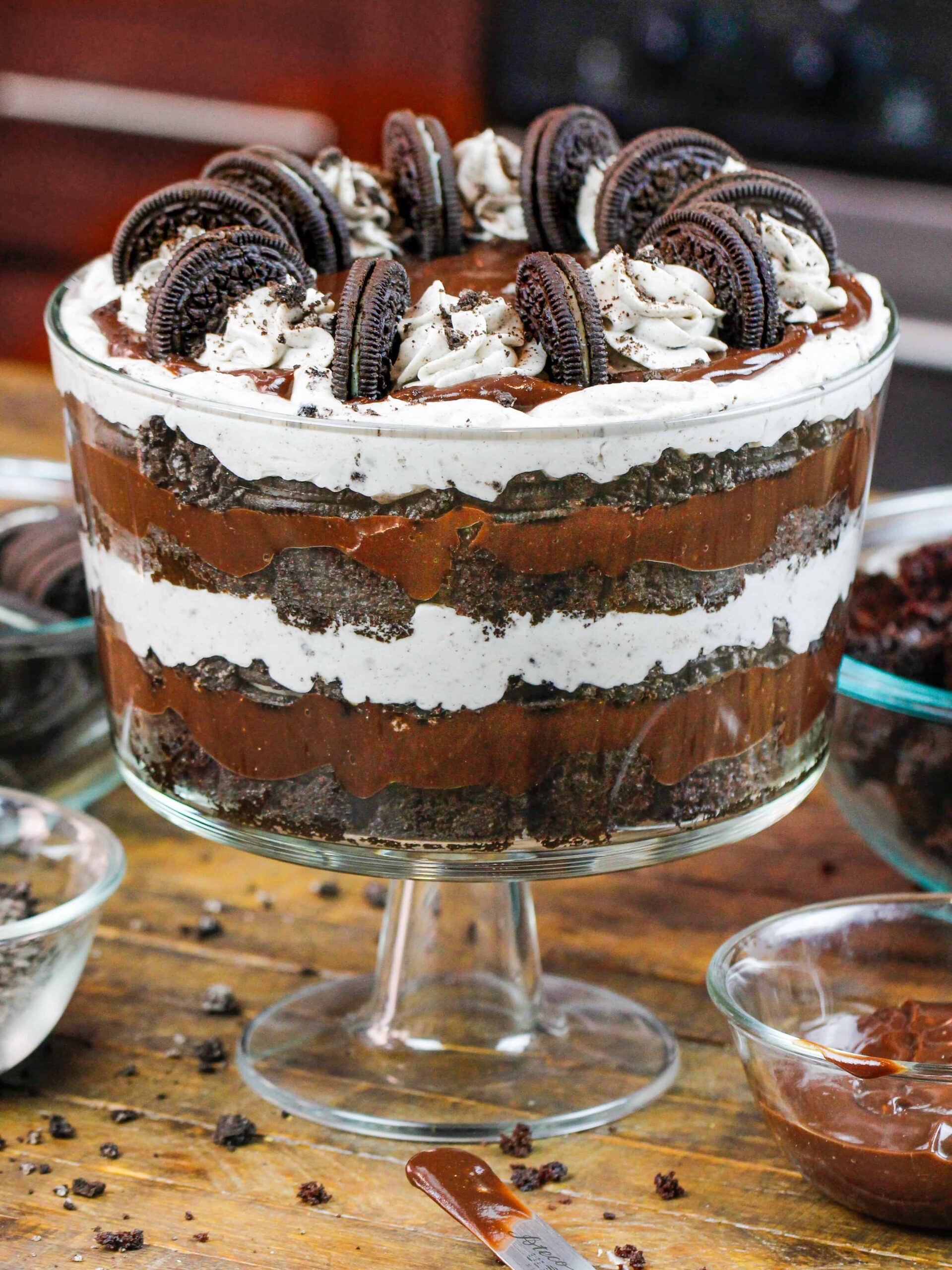 image of an oreo trifle made with dark chocolate cake bits and oreo whipped cream