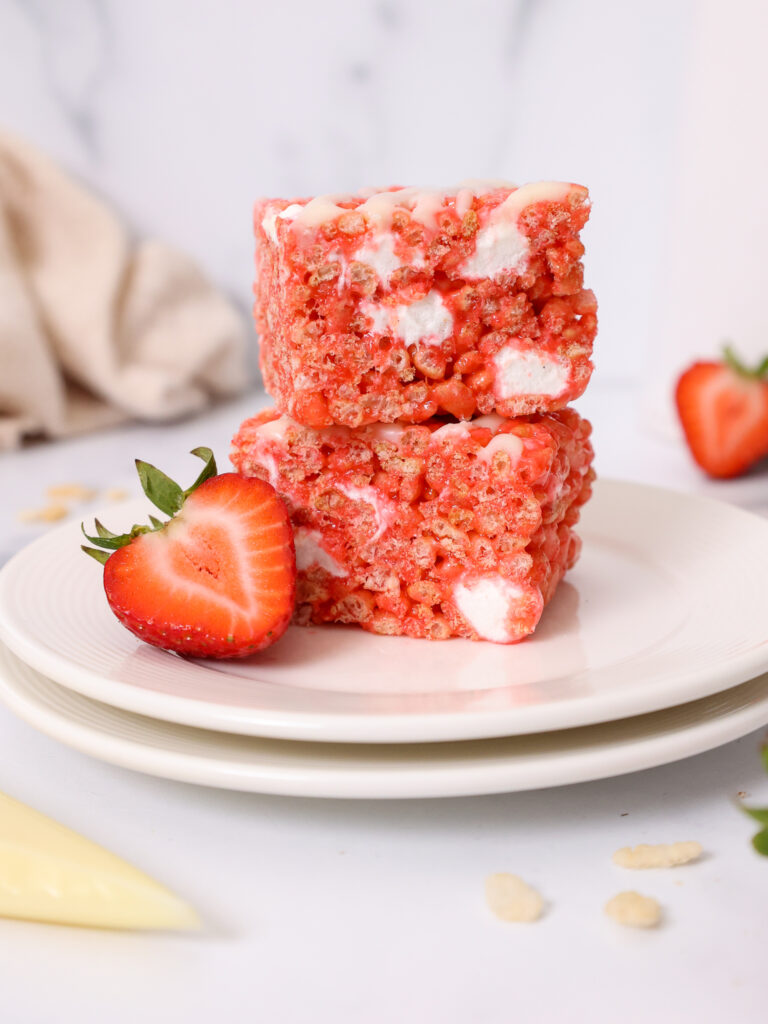 image of strawberry rice krispie treats on a plate
