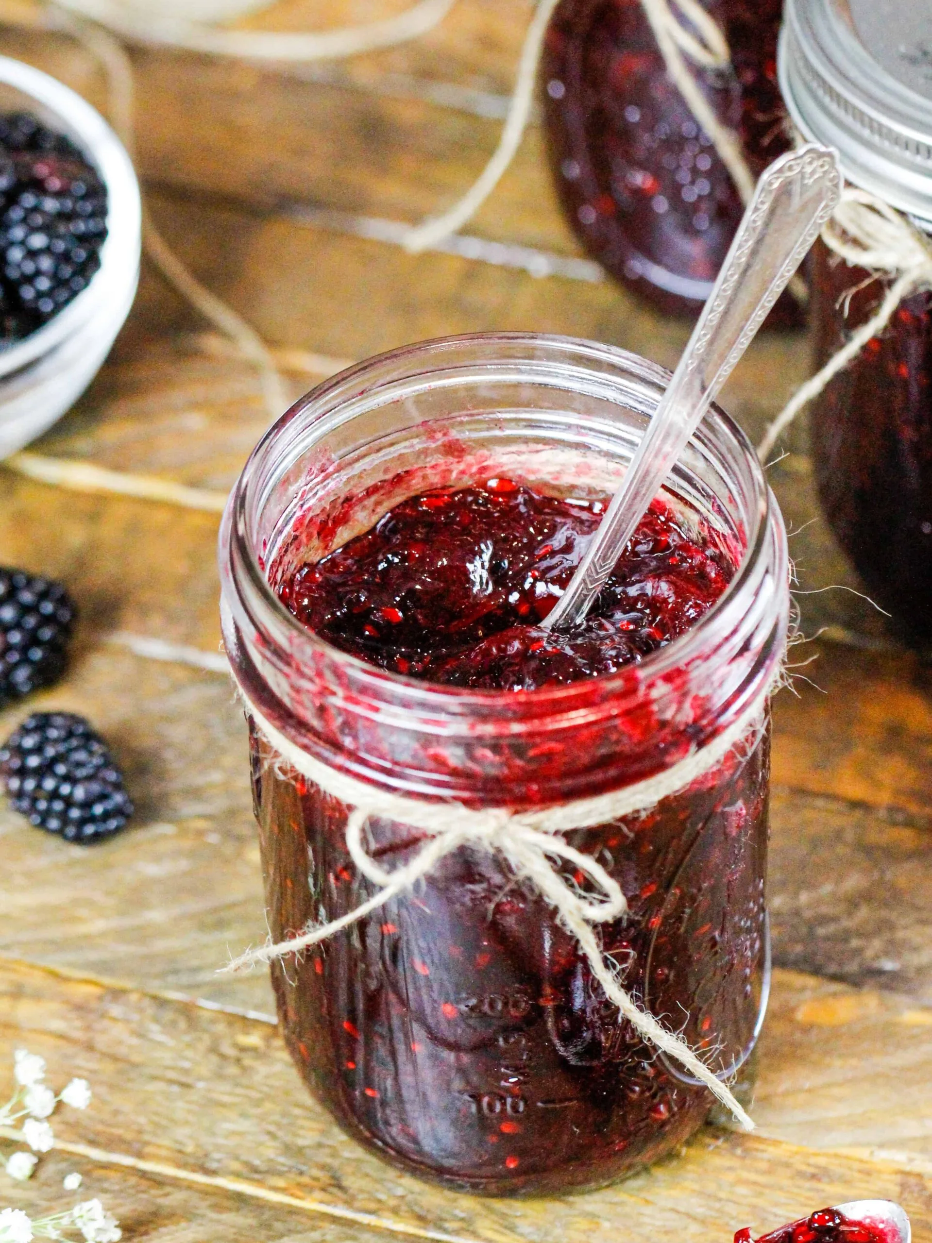 image of blackberry freezer jam in a cute mason jar tied with twine