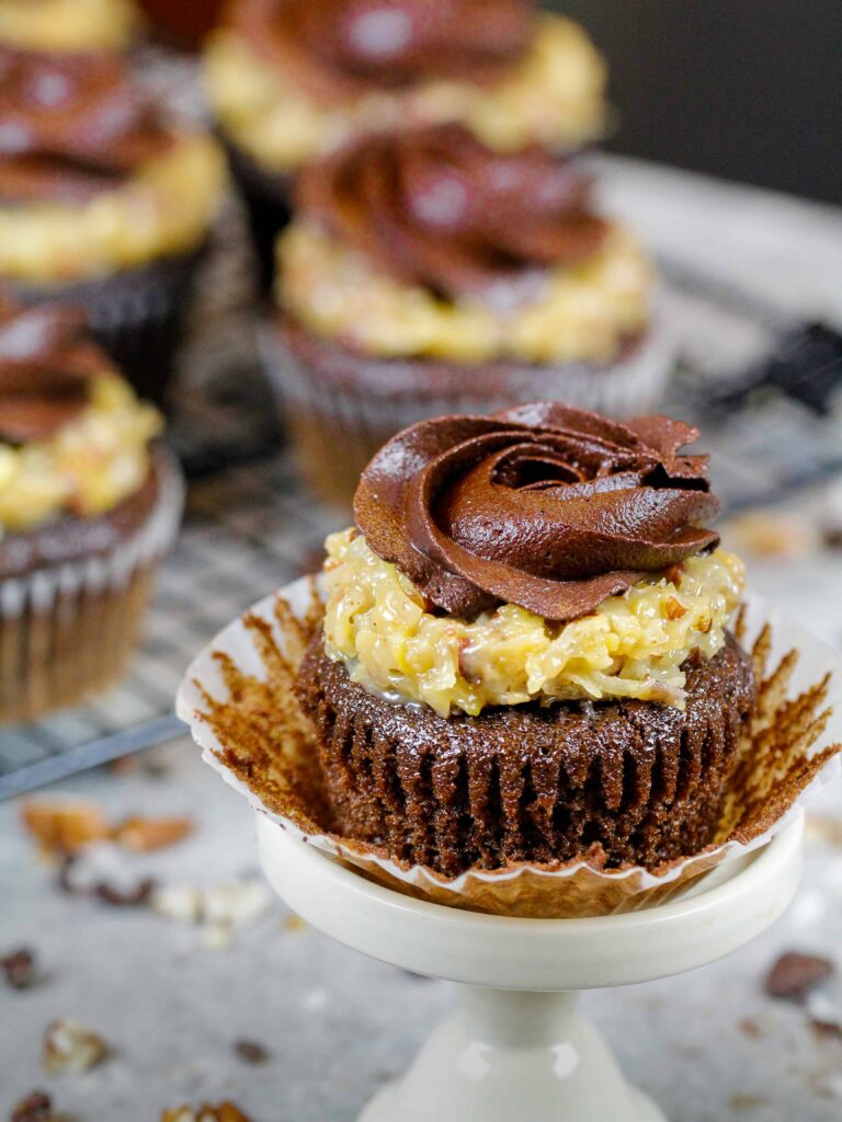 image of a german chocolate cupcake that's been unwrapped