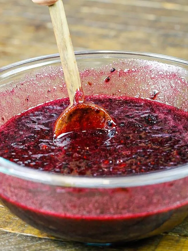 image of blackberry freezer jam being made in a bowl