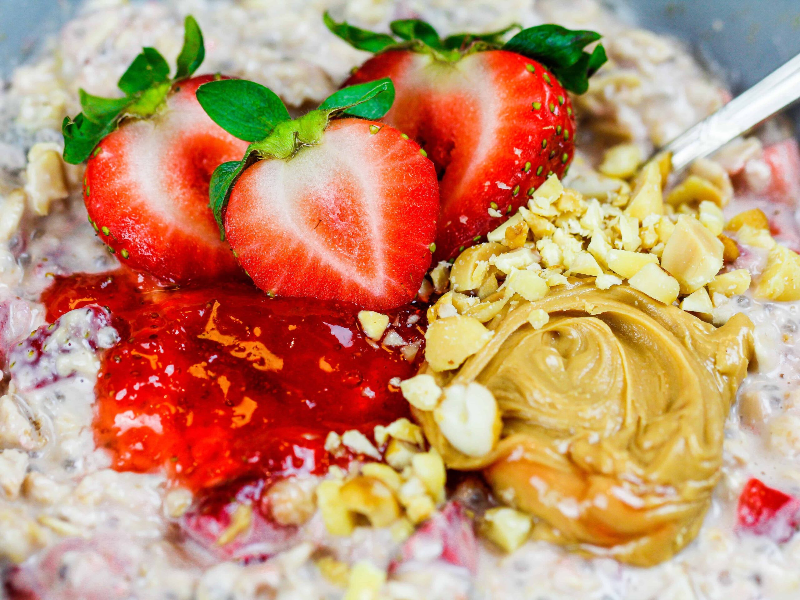 image of toppings added to peanut butter and jelly overnight oats