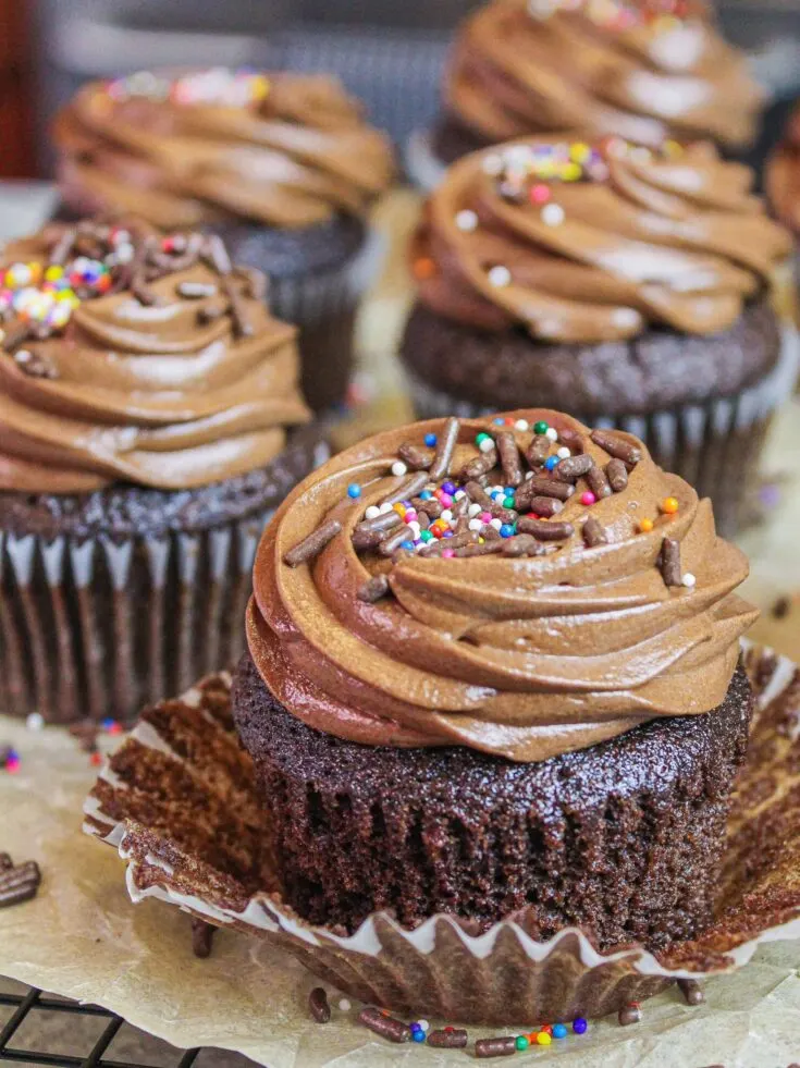 photo of chocolate cupcakes frosted with chocolate sweetened condensed milk frosting